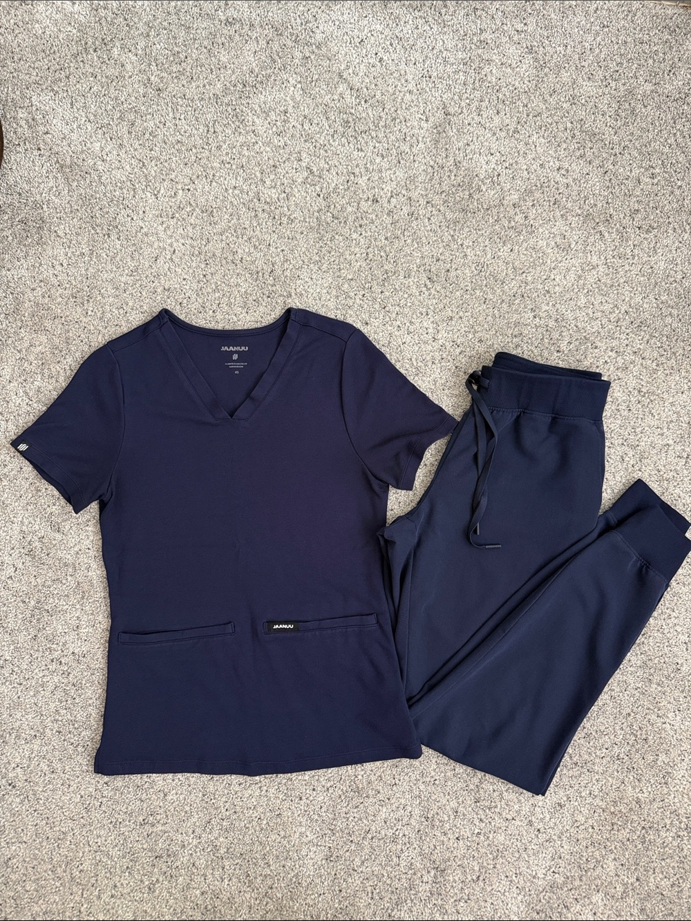 Jaanuu Navy V-Neck Scrub Top and Jogger Pants Set